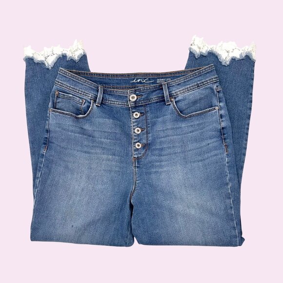 INC INTERNATIONAL CONCEPTS LACE BUTTON UP SKINNY LEG REG FIT BLUE DENIM JEANS - Picture 2 of 8